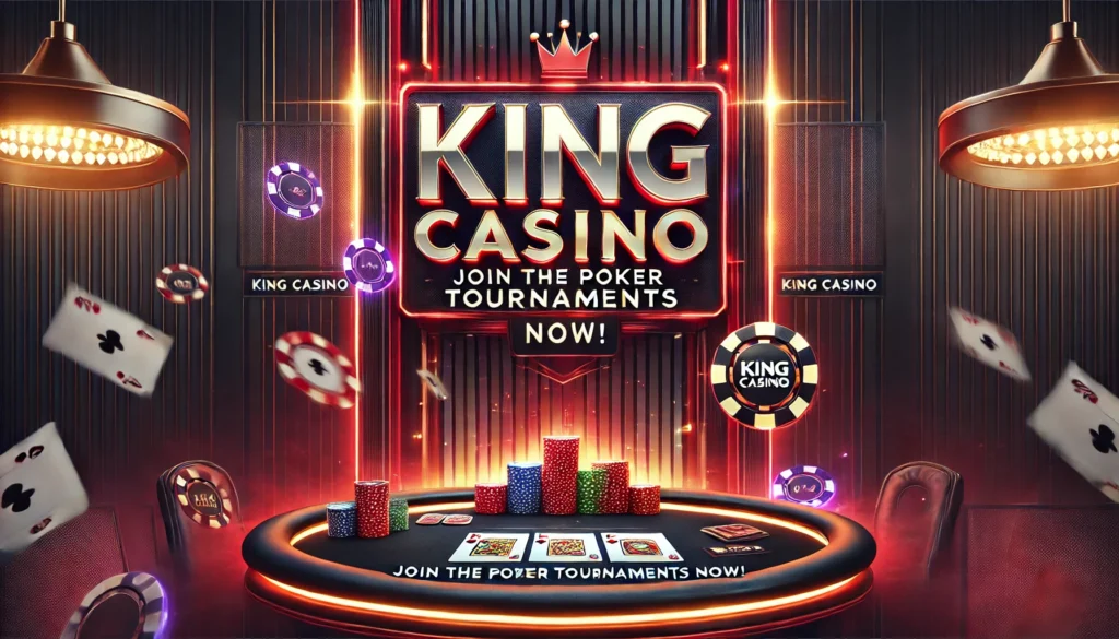 High-stakes poker table with cards and chips under a glowing backdrop, featuring the King Casino logo and a tagline 'Join the Poker Tournaments Now!' in bold, modern typography