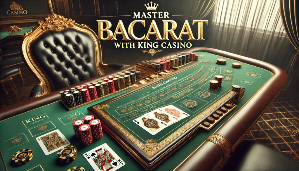 Luxurious baccarat table with cards and chips, featuring the King Casino logo and the tagline 'Master Baccarat with King Casino!' set against an elegant casino atmosphere.