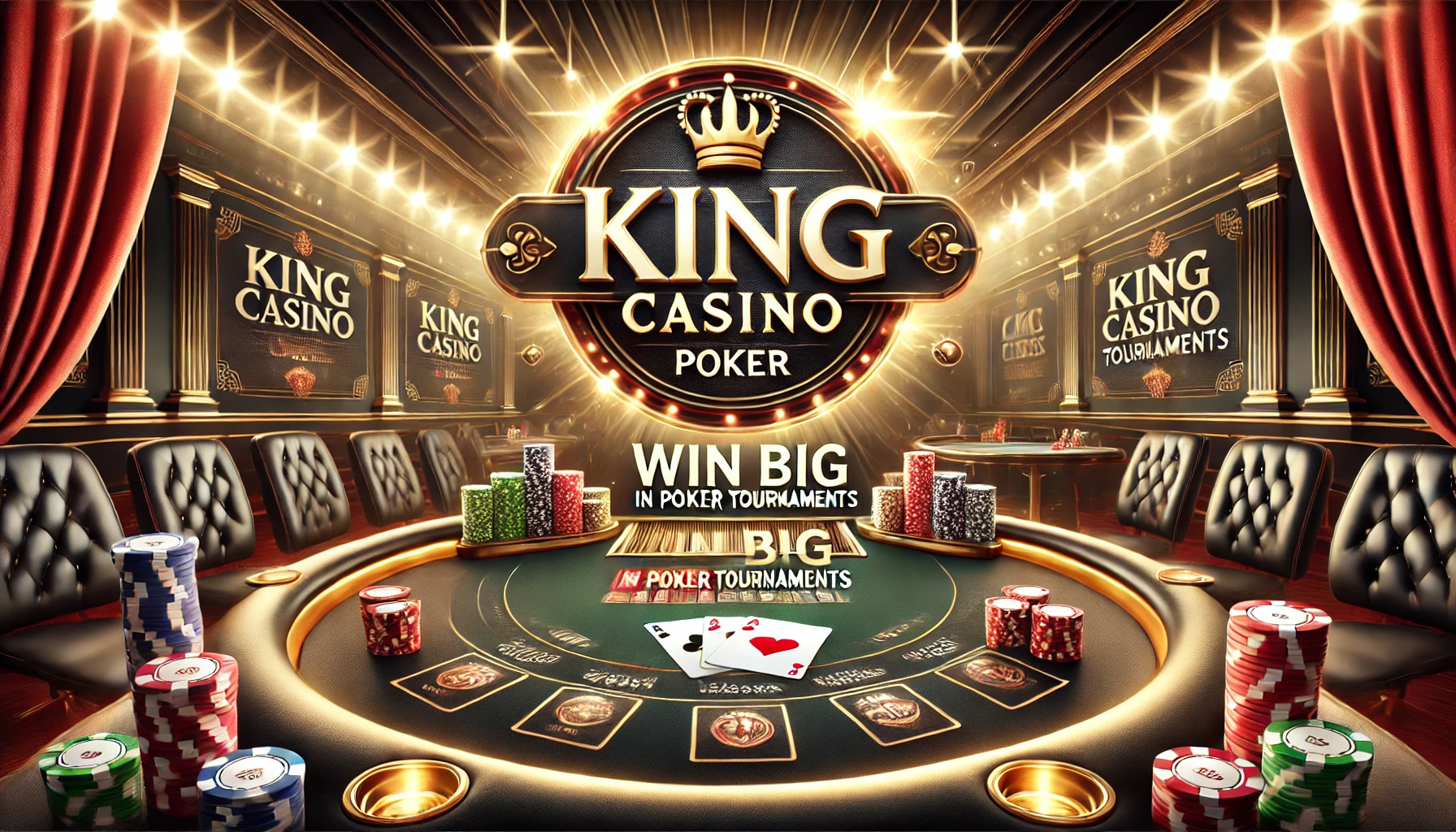 Luxurious poker table with cards and chips, a glowing tournament setting in the background, and the King Casino logo with the tagline 'Win Big in Poker Tournaments' displayed prominently.