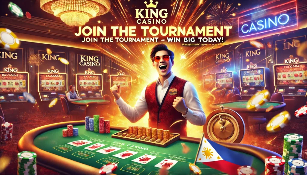 A Filipino player celebrating a big win at a baccarat tournament, standing by a casino table with cards and chips. The bright, luxurious environment features the King Casino logo and the message "Join the Tournament – Win Big Today!" emphasizing the excitement and the exclusive Pinoy bonuses available.