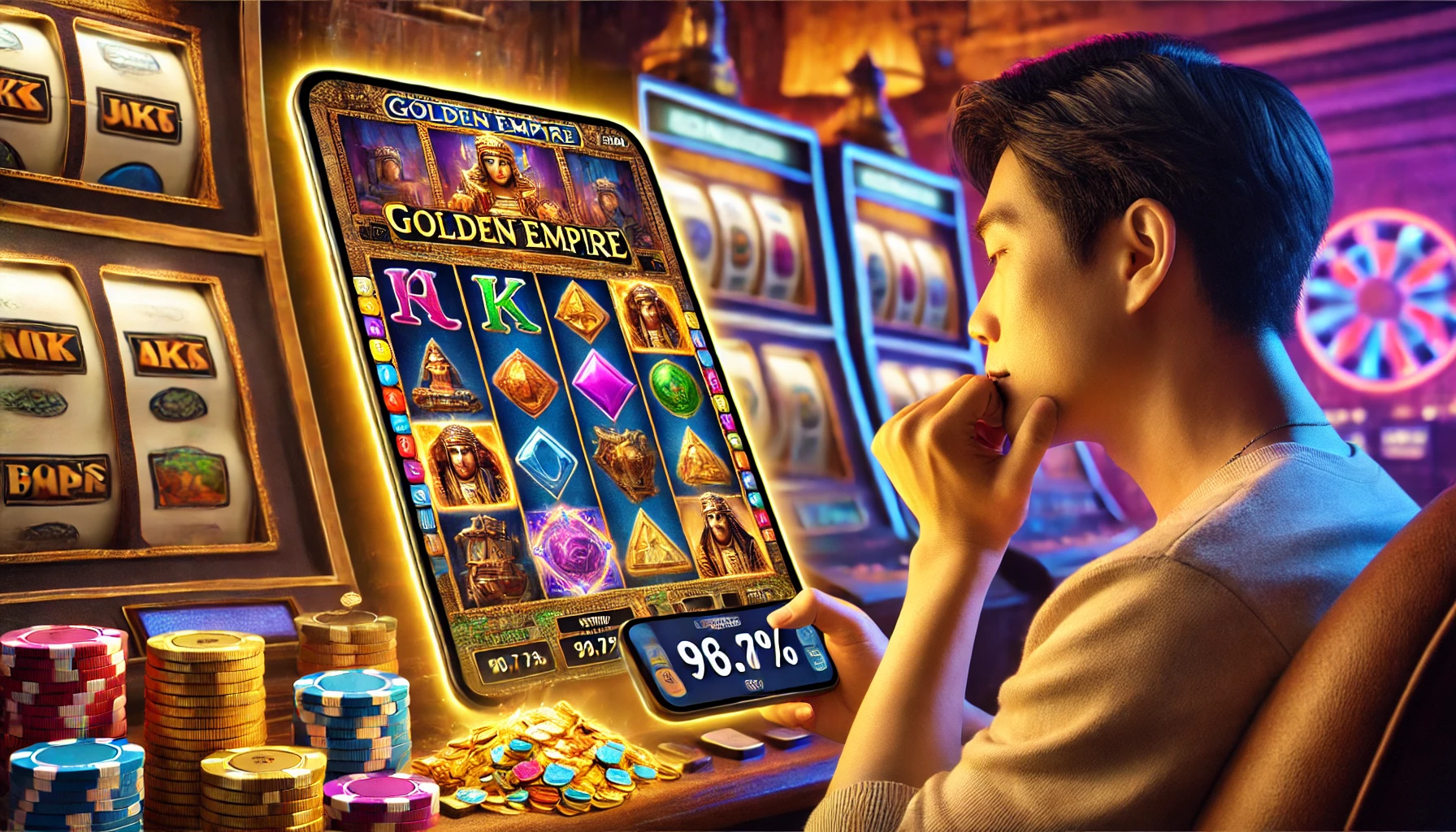 Filipino player enjoying the Golden Empire slot game on a mobile device with vibrant slot symbols and high RTP.
