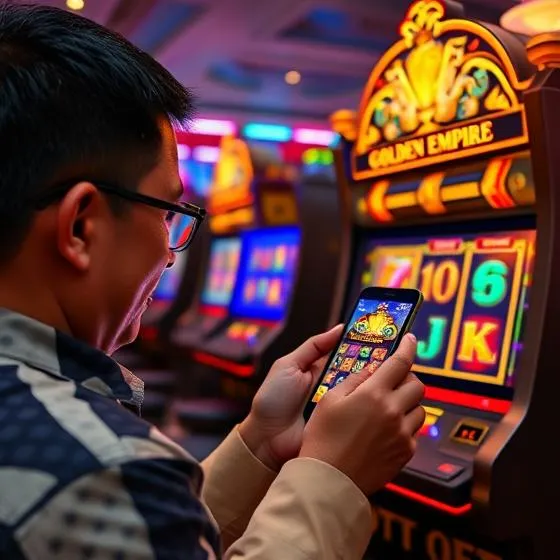 Filipino player enjoying the Golden Empire slot game on a mobile device with vibrant slot symbols and high RTP.