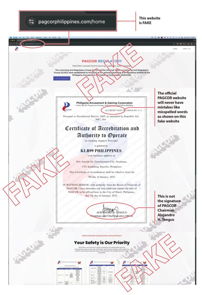 PAGCOR warns of fake website claiming to offer gaming licenses/accreditations